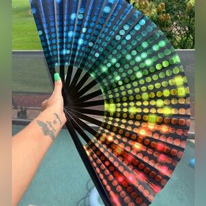 Rainbow Disco UV Nylon Fabric Folding Bamboo Wood Hand Fan Rave Clacking Edm